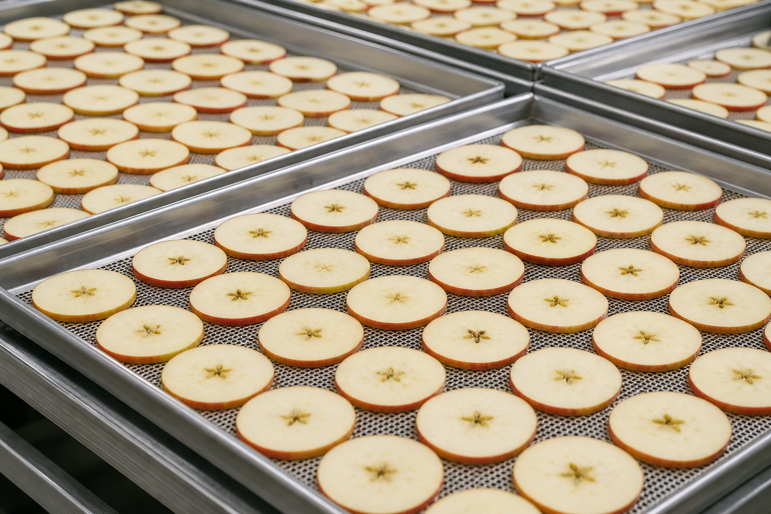 Apple slices arranged on trays for industrial heat pump drying