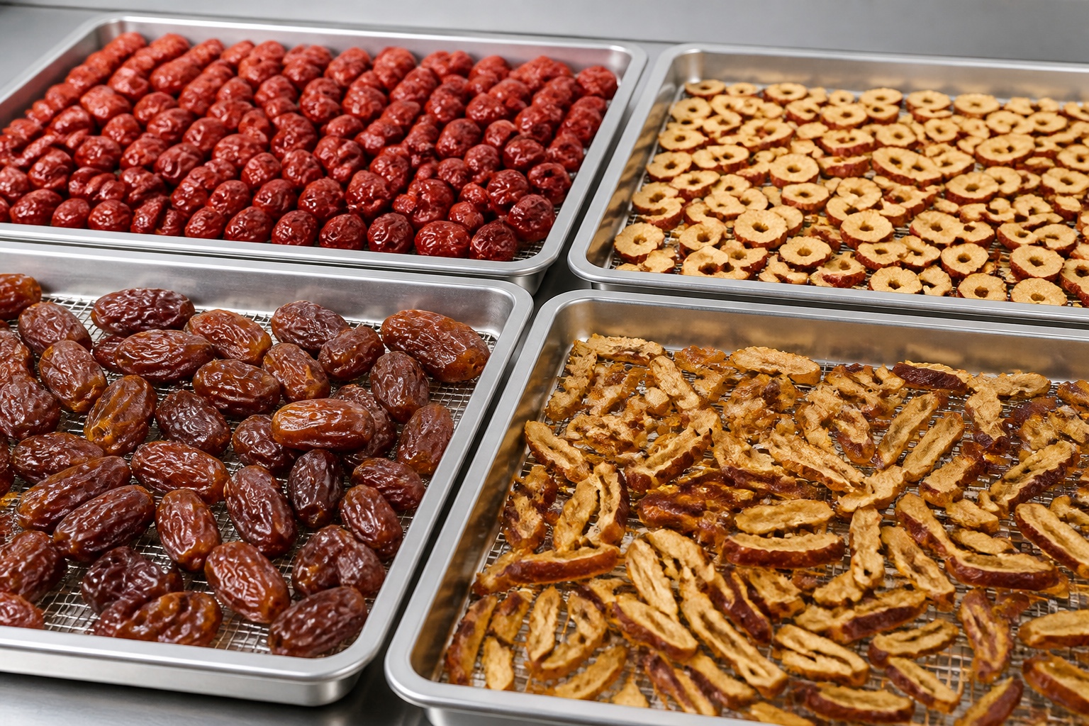 Dates and jujube arranged on trays for industrial drying