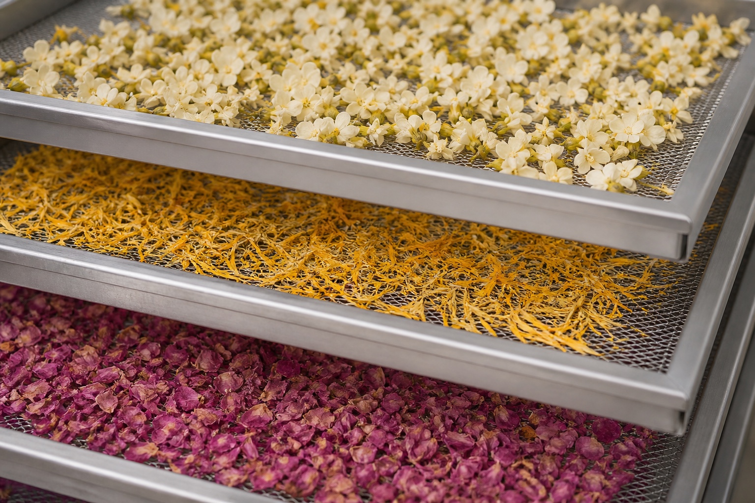 Flowers and petals arranged on trays for industrial drying