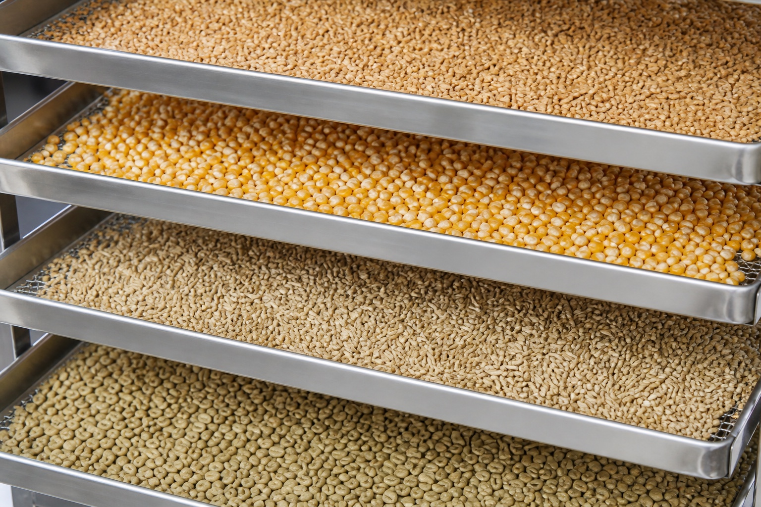 Grain and seed materials arranged on trays for industrial drying