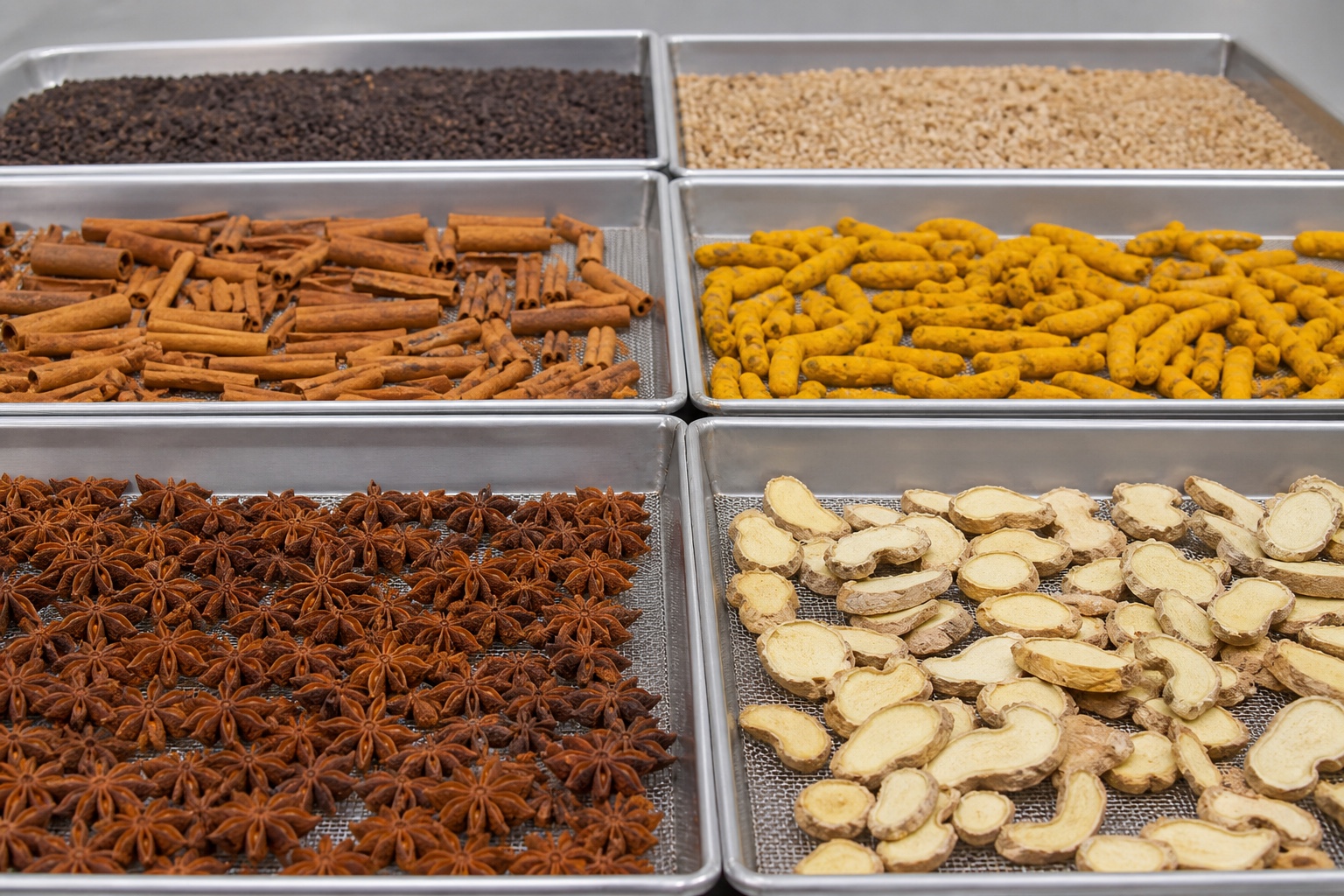Whole and prepared spices arranged on trays for industrial drying