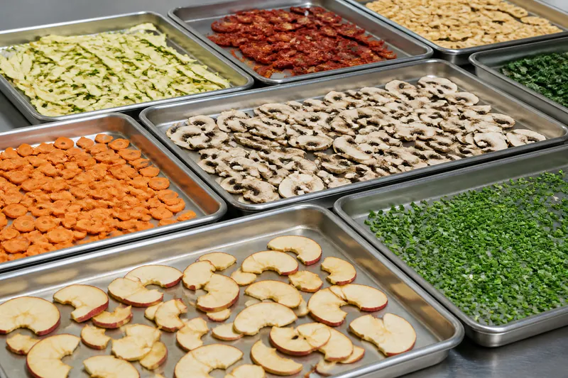 Prepared food materials arranged on trays for industrial drying